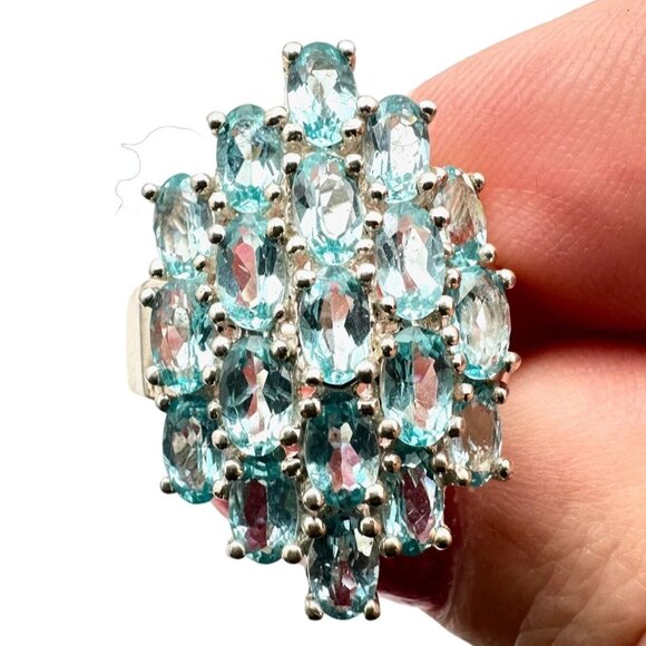 Sterling Silver Womens Ring Blue Topaz Cluster Size 6 - Picture 1 of 5